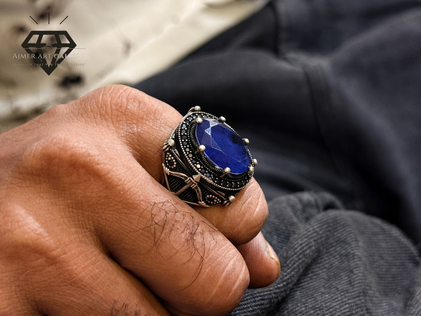 Oval Blue American Diamond Stone Designer Ring