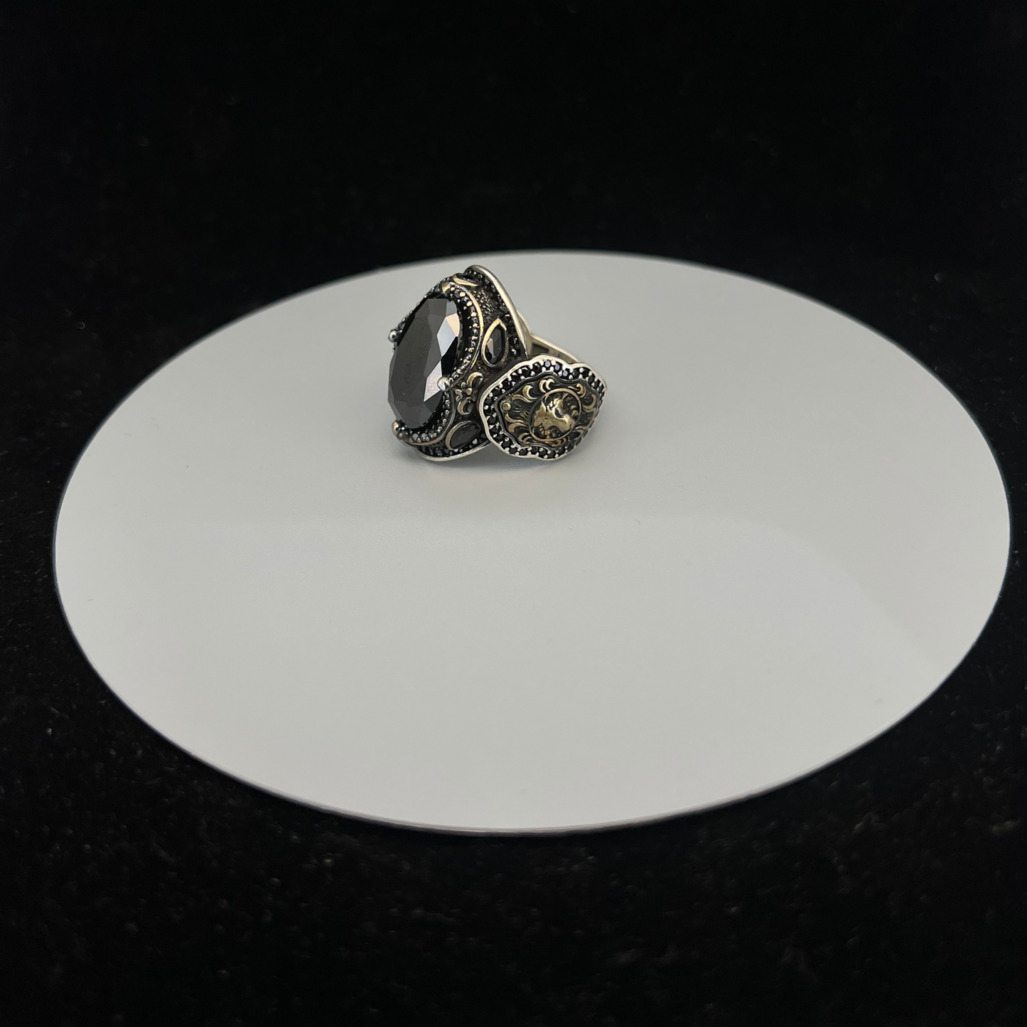 92.5 Italian Silver Tiger Black AD Turkish Ring